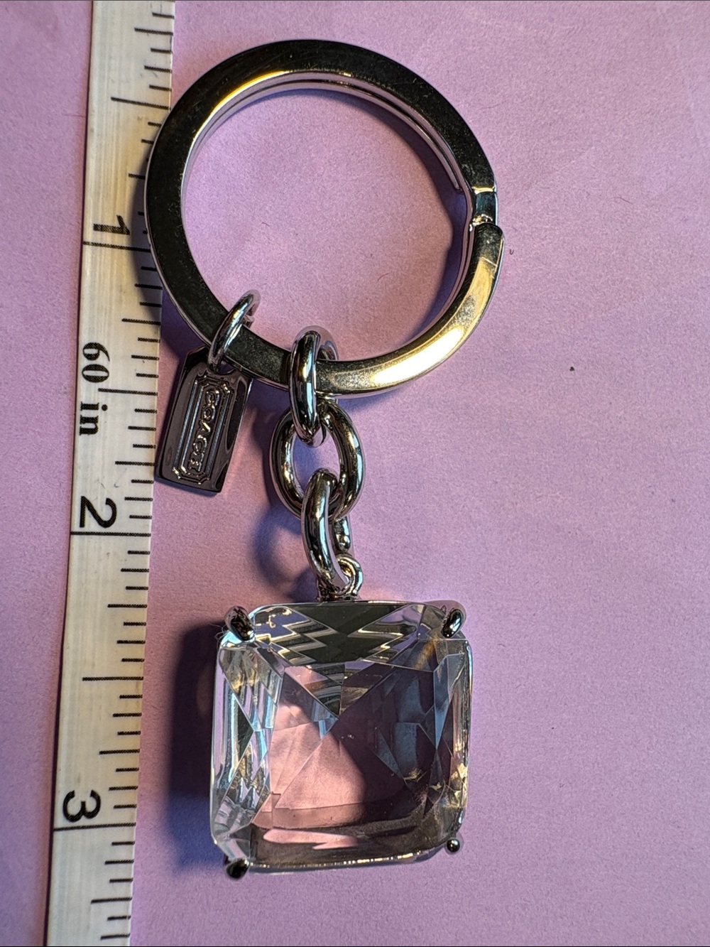 Coach Vintage Silver-Tone Keyring with Clear Square Crystal Charm